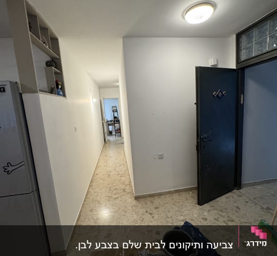 כלי עבודה לצביעה במסדרון עם דלי ומטאטא